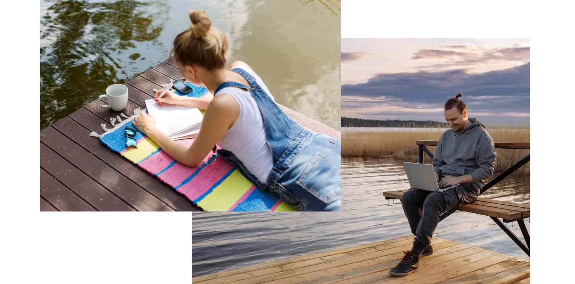 Two images, one showing a woman laying a dock with a cup of coffee writing in a notebook, and the other a man sitting on a dock bench typing on a laptop.